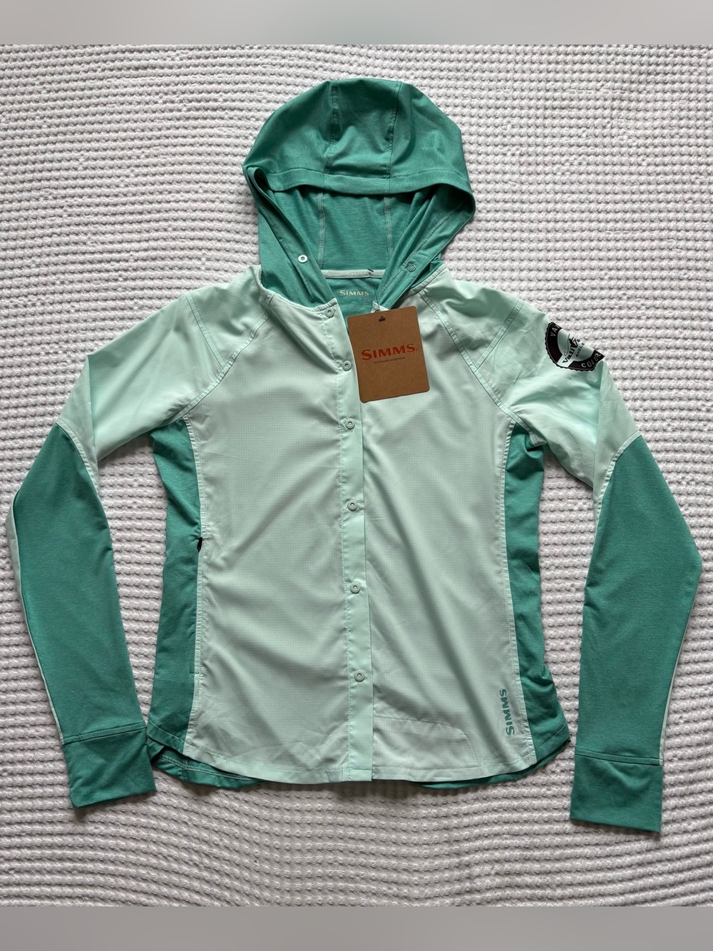 NWT Simms Women's BiComp Long Sleeve Sun Hoody Sea Breeze Green Vail Logo UPF S